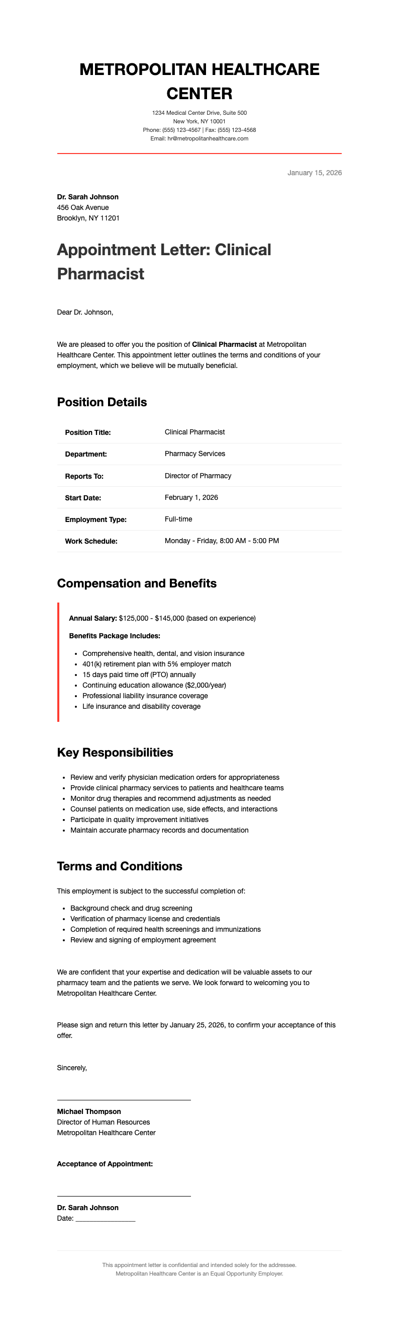 Modern minimalist pharmacist appointment letter